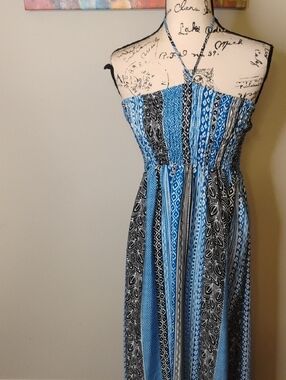 attention Blue and Black Strapless Maxi Dress